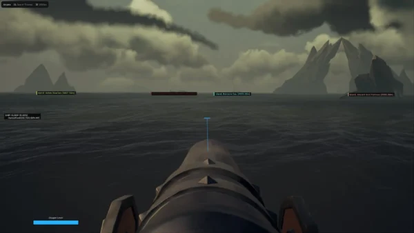 Sea of Thieves island ESP naming landmasses with distances behind a loaded cannon